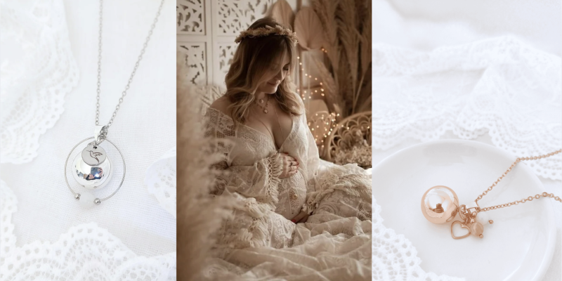 Future maman portant un bola de grossesse au niveau du ventre, bijou de maternité symbolique au tintement doux pour bébé