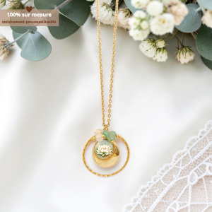 Bola de grossesse doré illustration lotus avec perles aventurine verte et pierre de lune lithothérapie