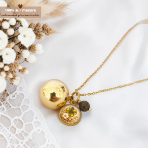 Bola de grossesse doré illustration trèfle avec perle bronzite lithothérapie