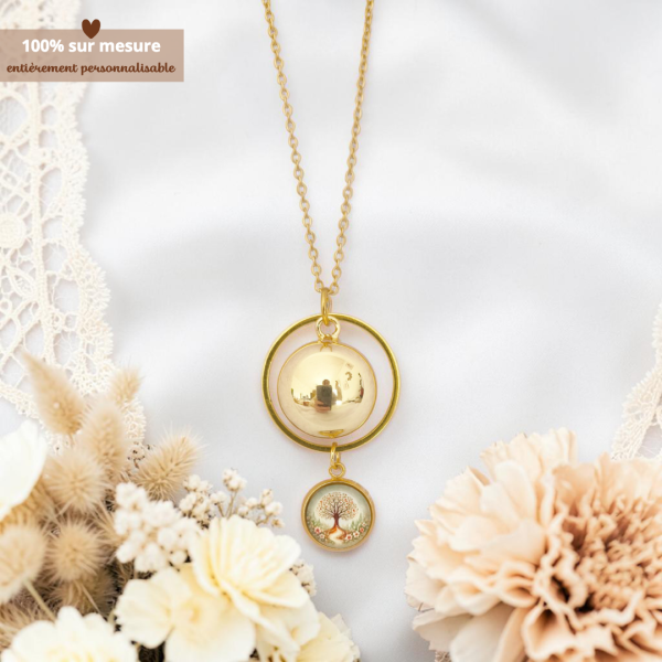 Bola de grossesse doré illustration arbre de vie, bijou maternité symbolique pour future maman