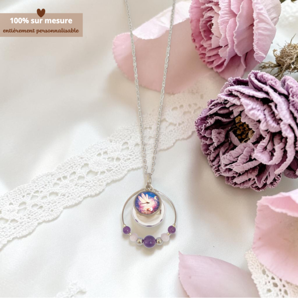 Bola de grossesse argenté illustration libellule avec perles améthyste et kunzite lithothérapie