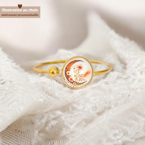Bracelet cabochon illustré lune fleurie, bijou symbolique féminin évoquant intuition et douceur