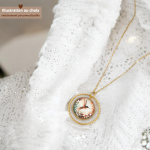 Collier cabochon illustré colibri avec anneau torsadé, bijou symbolique femme délicat