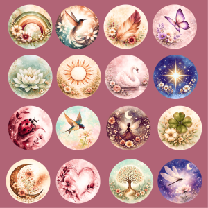 Photo présentant un assortiment de cabochons illustrés symboliques pour création de bijoux personnalisés femme